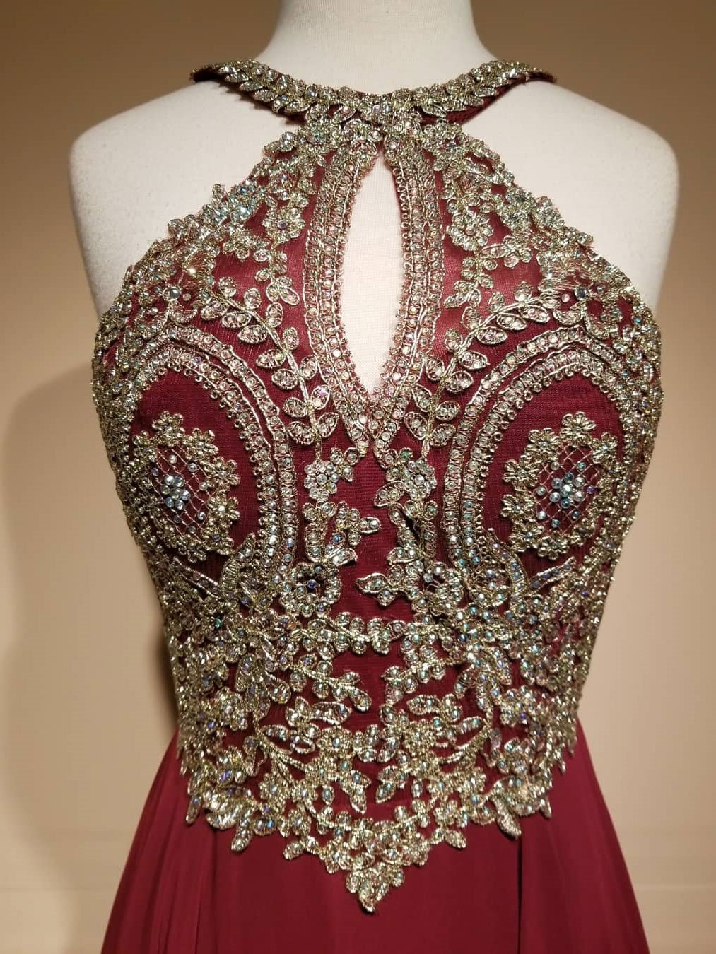 Burgundy A-Line Halter Neck Prom Dress with Applique & Beaded Design main image 0