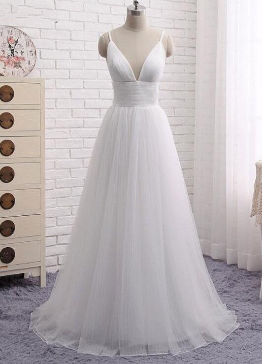 Simple White V-neck Long Tulle Prom Dress,a-line Spaghetti Straps White Evening Dress