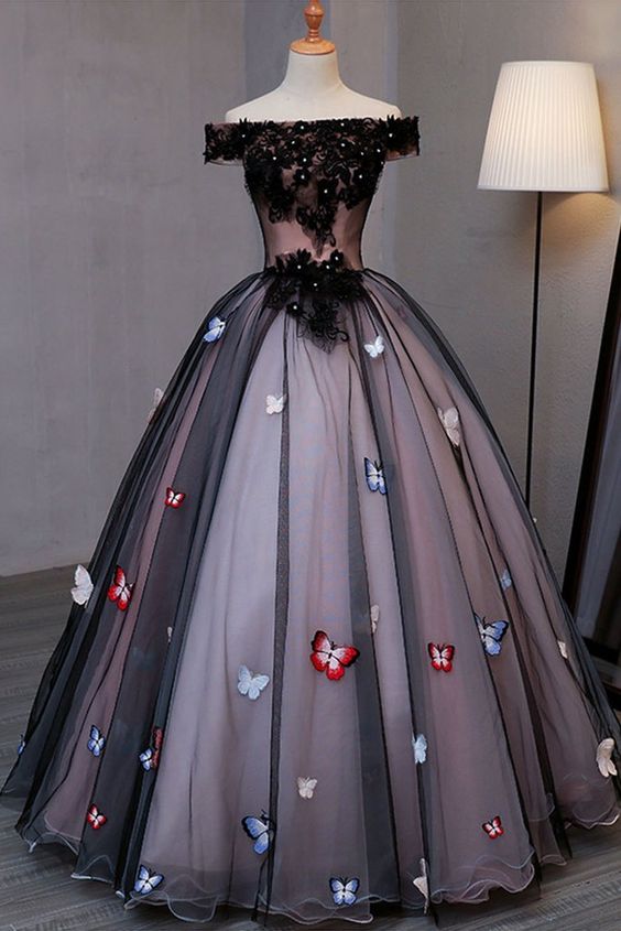 Princess Black Tulle Off Shoulder Long Evening Dress With Butterfly Appliqués, Long Strapless Black Prom Dress