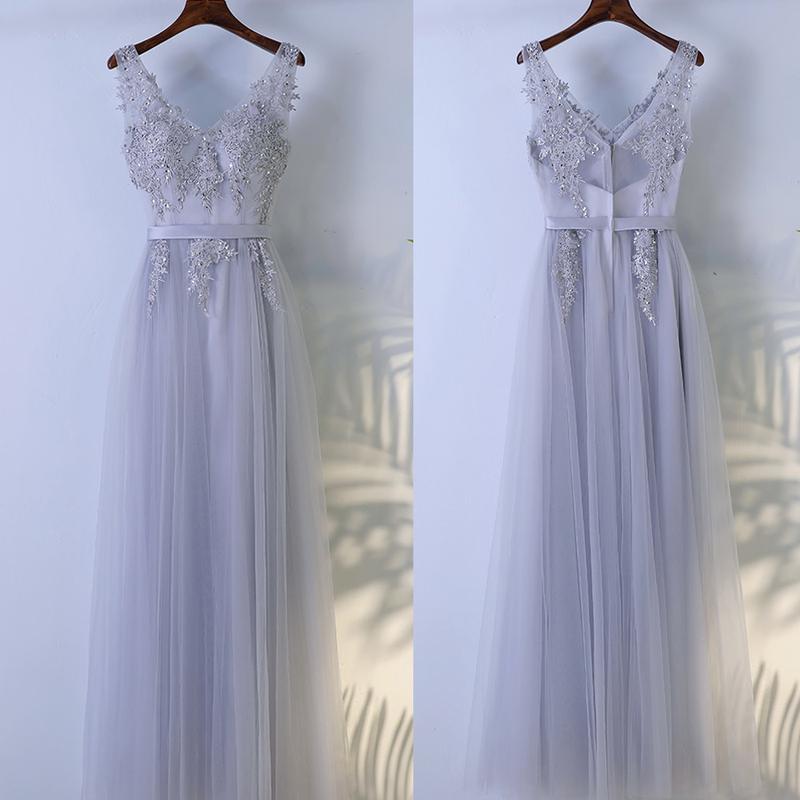 Charming Long Formal Dress, Grey Party Dress, A--line Prom Dress 2018