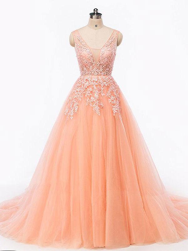 A-line/princess Lace Appliqued V-neck Orange Prom Dresses