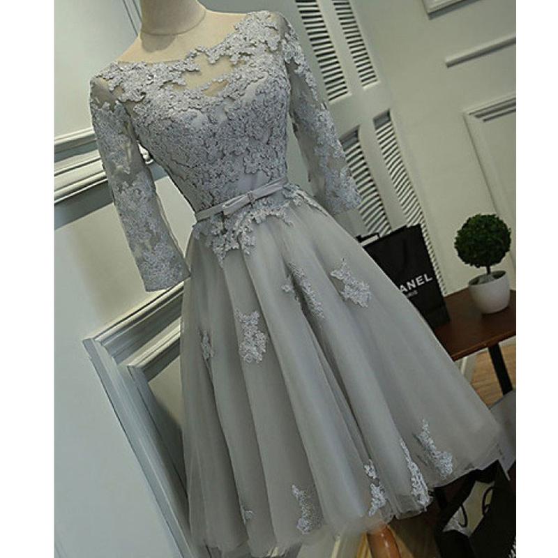 Silver Tulle With Lace Appliqued Short Prom Dresses With Half Sleeves