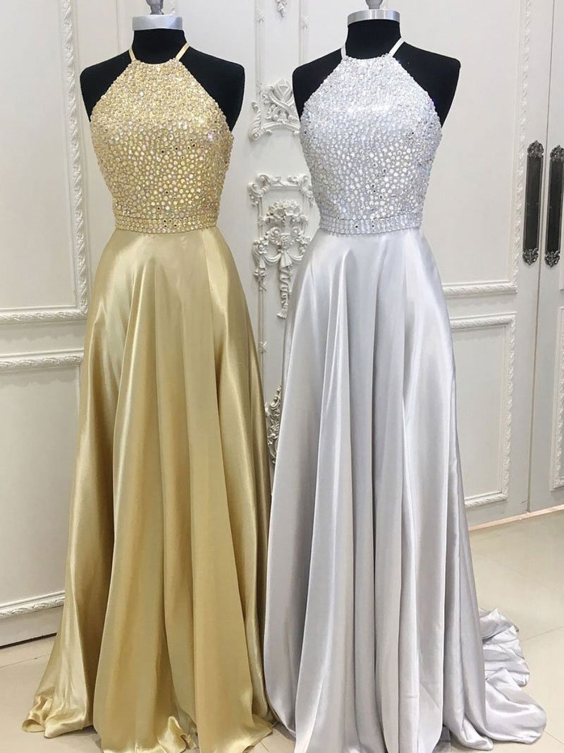 A-line Halter Rhinestone Beaded Top Long Prom Dresses on Luulla