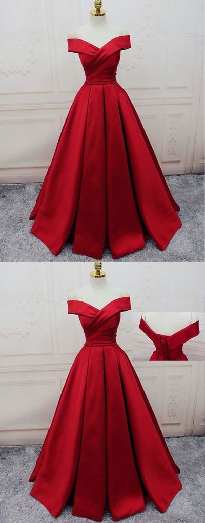 Red Prom Dresses Off-the-shoulder, Ball Gown Party Dresses Satin, Sweep Train Sashes / Ribbons Formal Dresses