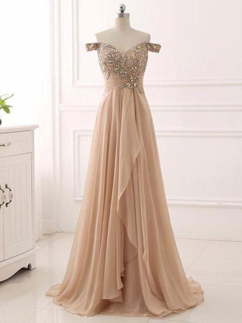 Chic A-line Prom Dresses Long Off-the-shoulder Prom Dress Evening Dresses With Beading