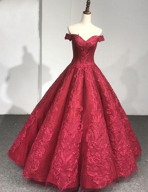 Burgundy Lace Prom Dress,ball Gown Prom Dress,stain Prom Dress,off Shoulder Long Prom Dress, Evening Dress Sexy