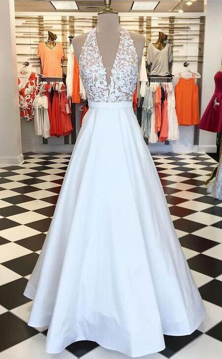 Sexy Prom Dress,lace Prom Dress, Prom Dress,v Neck Prom Dress,halter White Long Prom Dresses With Appliques