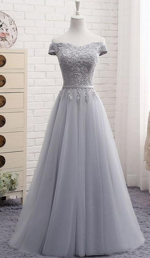 Tulle Prom Dress,lace Prom Dress,gray Tulle Prom Dress, Prom Dress,off Shoulder Long A-line Senior Prom Dress, Simple Bridesmaid Dress