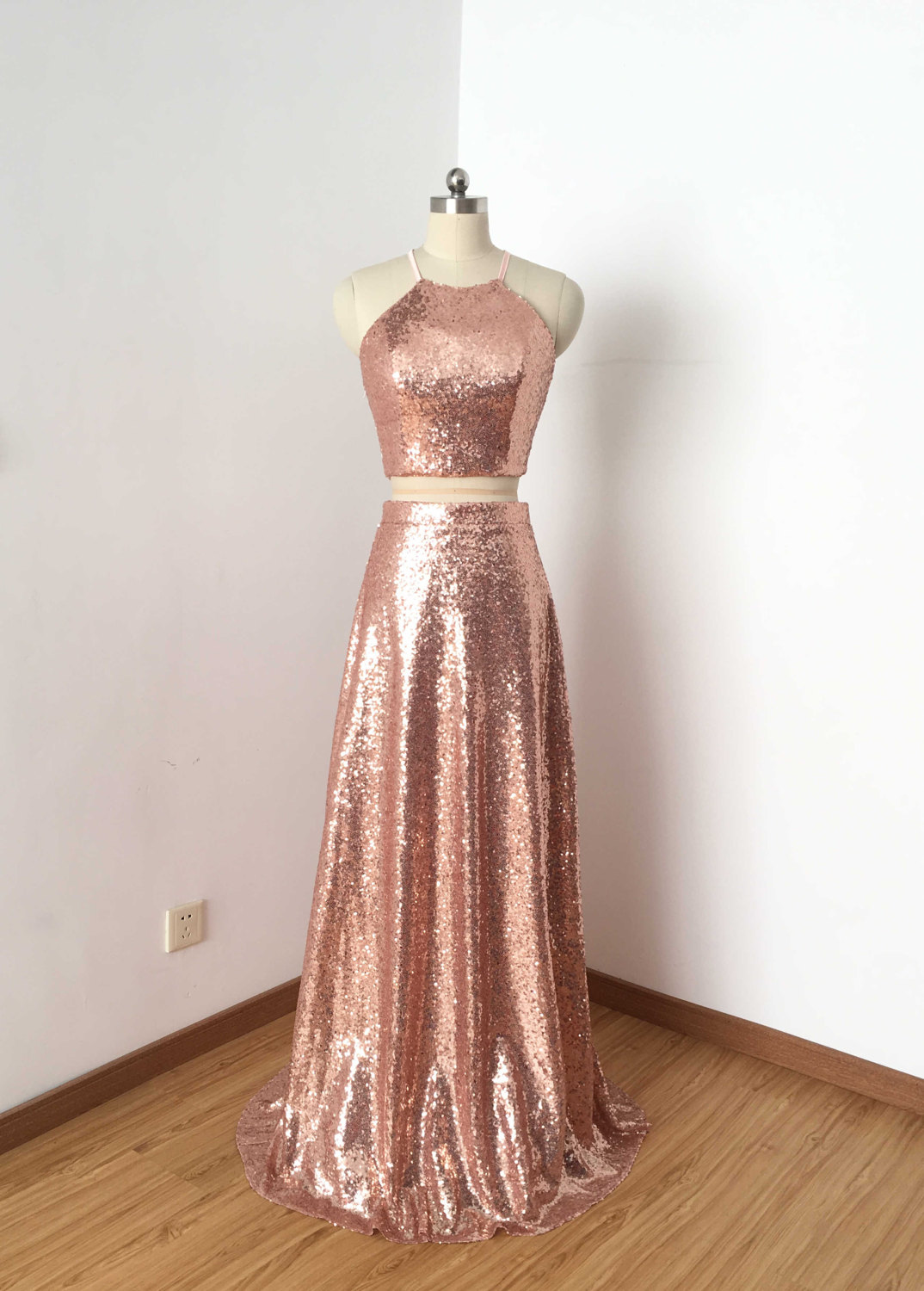 two piece rose gold prom dress