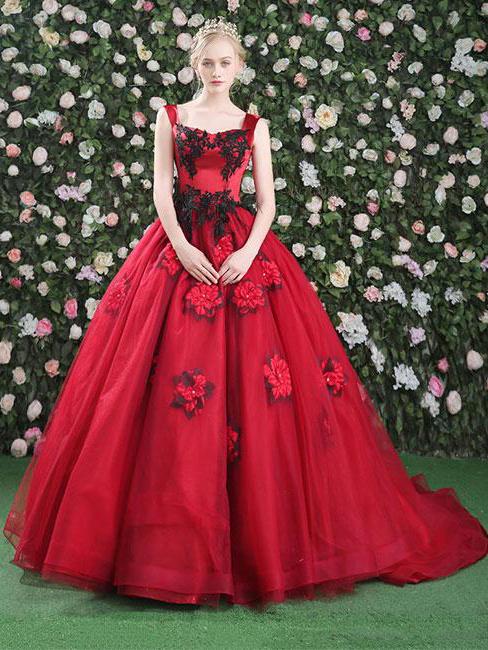 In Red Floral Evening Dresses