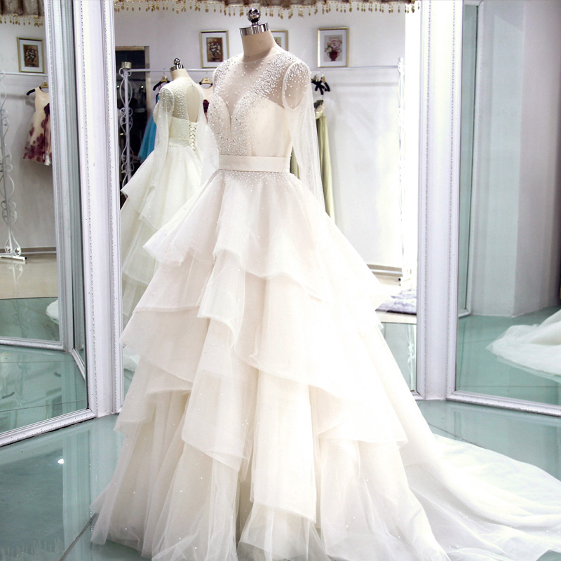 Charming White Wedding Dress, Tulle Long Sleeve Beading Wedding Dresses, Elegant Bridal Dresses