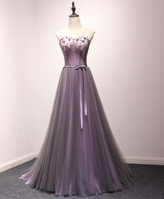 Purple Tulle Sweetheart Neck Long Prom Dress, Evening Dress