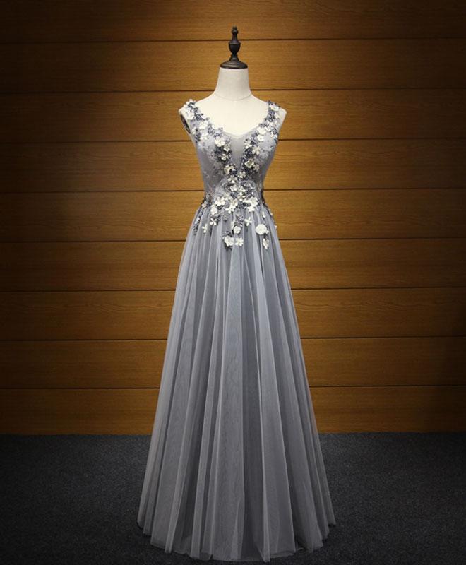 Elegant Gray V Neck Tulle Long Prom Dress, Evening Dresses