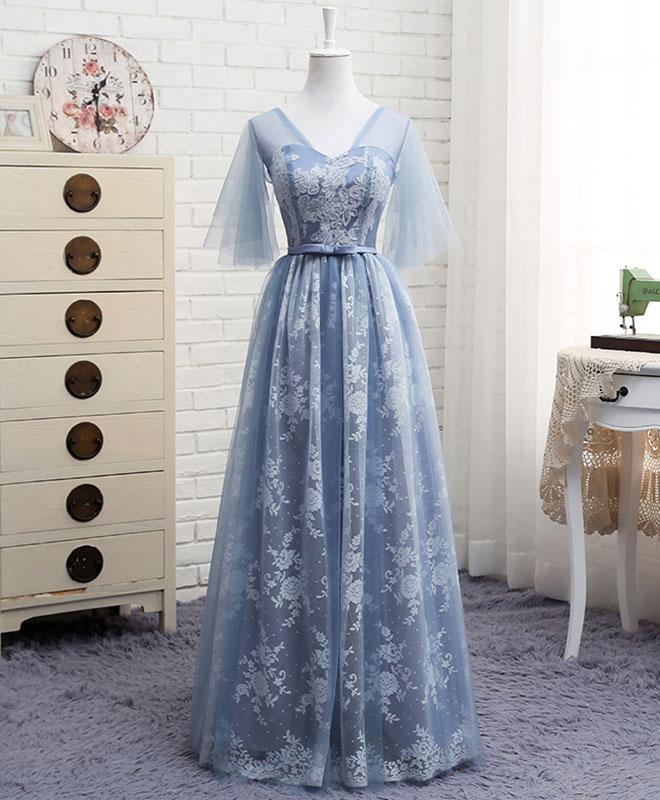 Elegant Lilac V-neck Lace Tulle A-line Floor Length Long Prom Dress main image 0