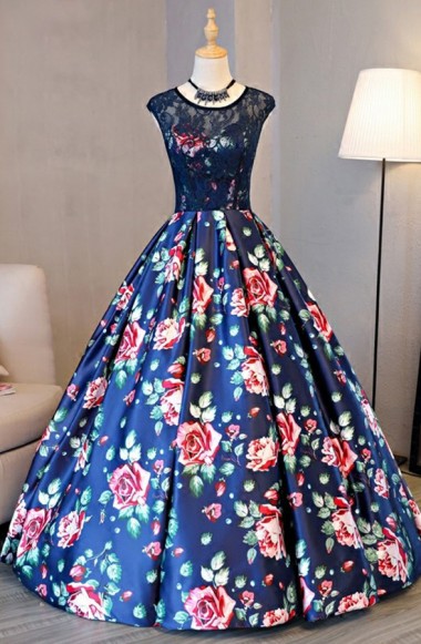 A-line Crew Sweep Train Royal Blue Printed Satin Open Back Prom Dress With Lace