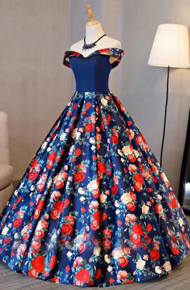 A-line Off-the-shoulder Sweep Train Royal Blue Printed Satin Sleeveless Prom Dress