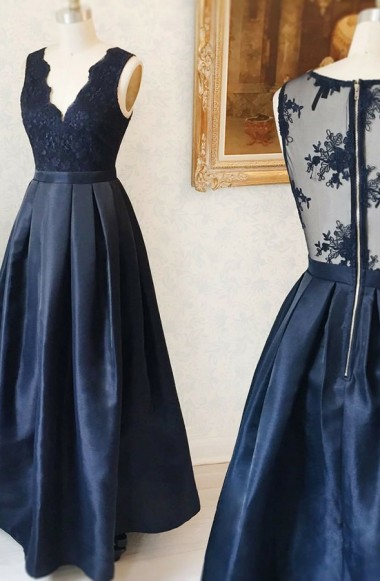 A-line Deep V-neck Floor-length Navy Blue Satin Sleeveless Prom Dress With Appliques