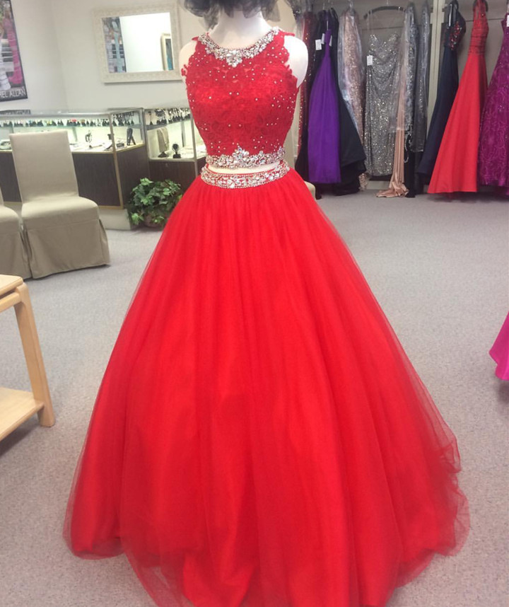 Charming Beaded Red Prom Dress, Long Prom Dresses, Sexy Red Tulle Evening Dress