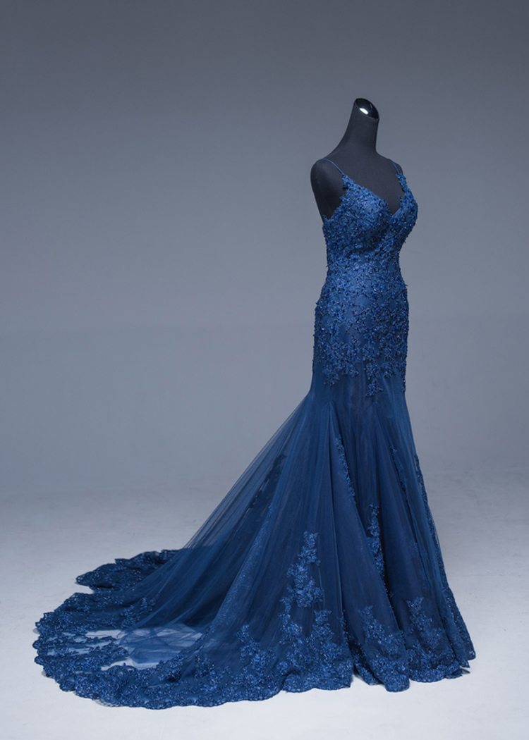 Spaghetti Straps Mermaid Evening Dresses,navy Blue Lace Appliqued Formal Dresses,court Train Evening Party Dresses