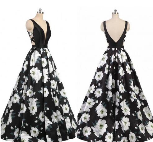 2018 Sexy Printed Flower Evening Gowns V Neck Sleeveless Backless A Line Prom Dresses Ball Gown Long Formal Party Dress
