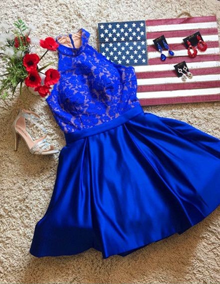 Halter Neckline Royal Blue Homecoming Dress,short Lace Party Dress