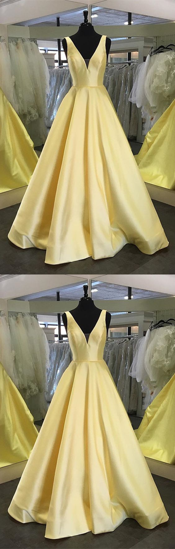 Sexy Deep V-neck Long Satin Floor Length Prom Dress Backless Yellow Evening Gowns