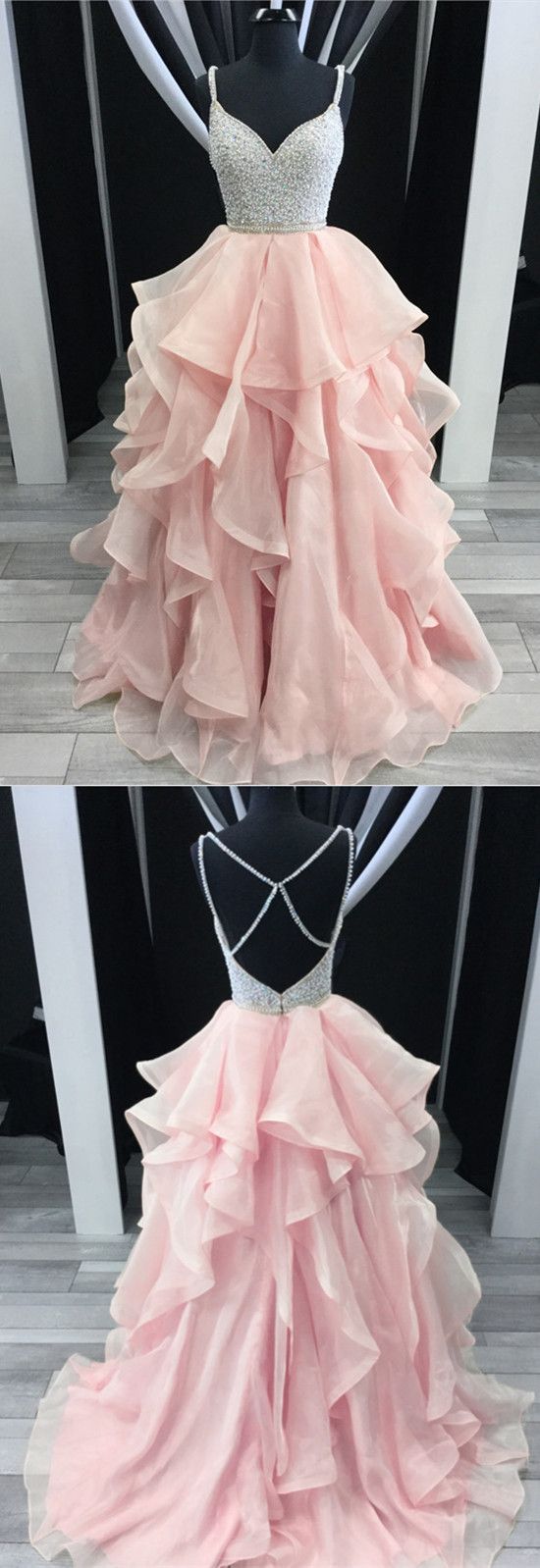 Charming Beading V-neck Cross Back Pink Prom Dresses Ball Gowns Organza Ruffles