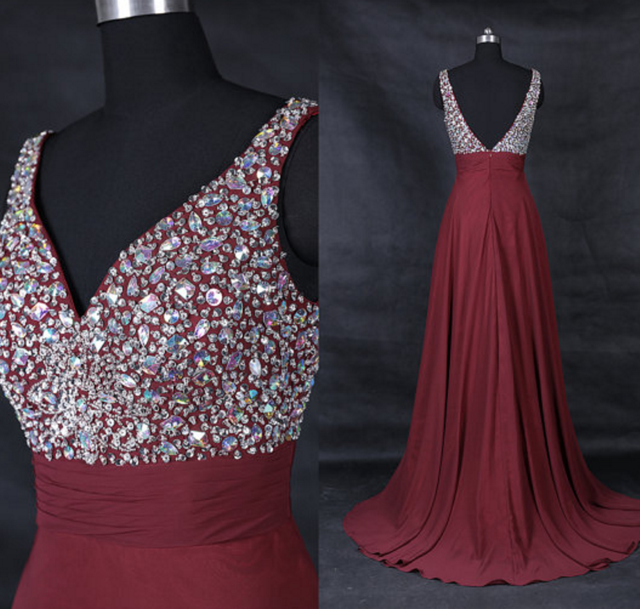 Crystal And Beads Empire Prom Dresses Long,prom Dresses ,real Made Party Dresses,sweep Train Burgundy Prom Dresses,pageant Gowns