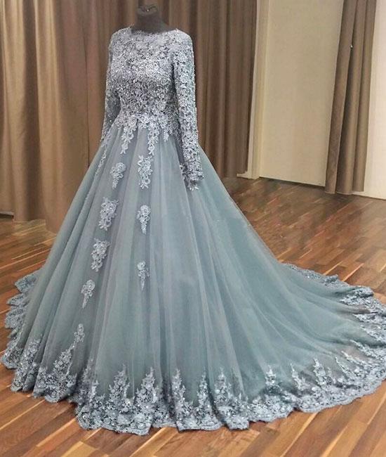 Gray Ball Gown Applique Tulle Long Prom Dress Gray Evening Dress