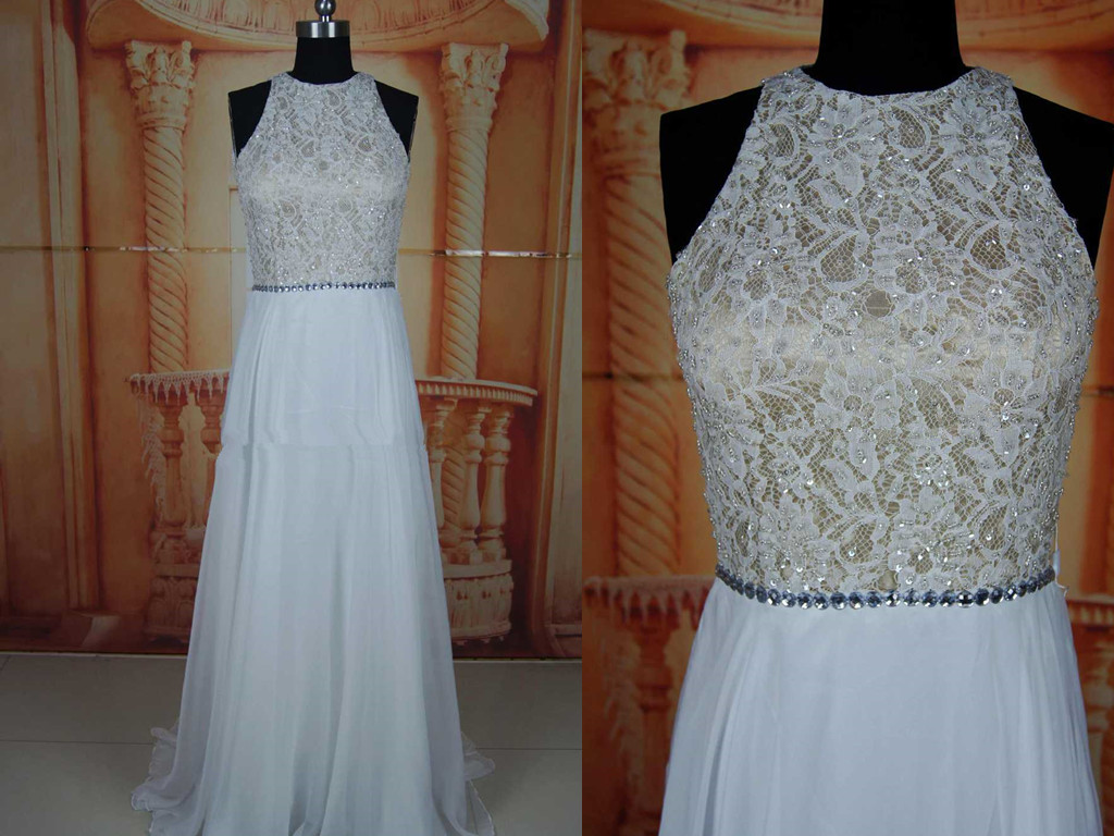 Fabulous White Beaded Halter Sleeveless Long Prom Dress with