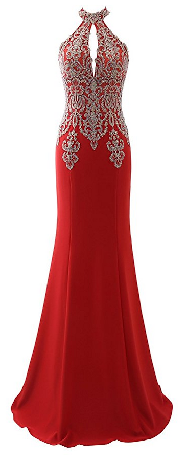 Red Beaded Embellished High Halter Neck Floor Length Chiffon Trumpet Evening, Prom Dress Featuring Keyhole Front