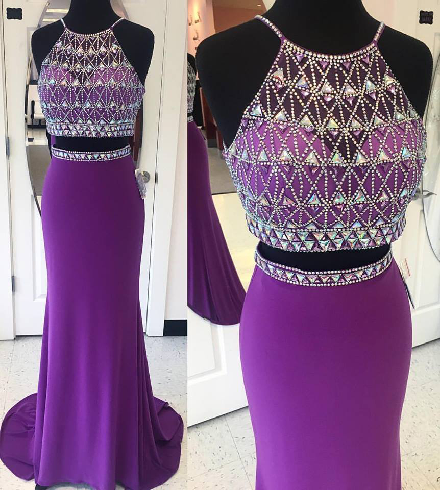 Halter Beaded Sparkly 2 Pieces Prom Dresses,purple Jersey Mermaid Prom Gowns,shinny Formal Dresses，long Two Pieces Party Dresses