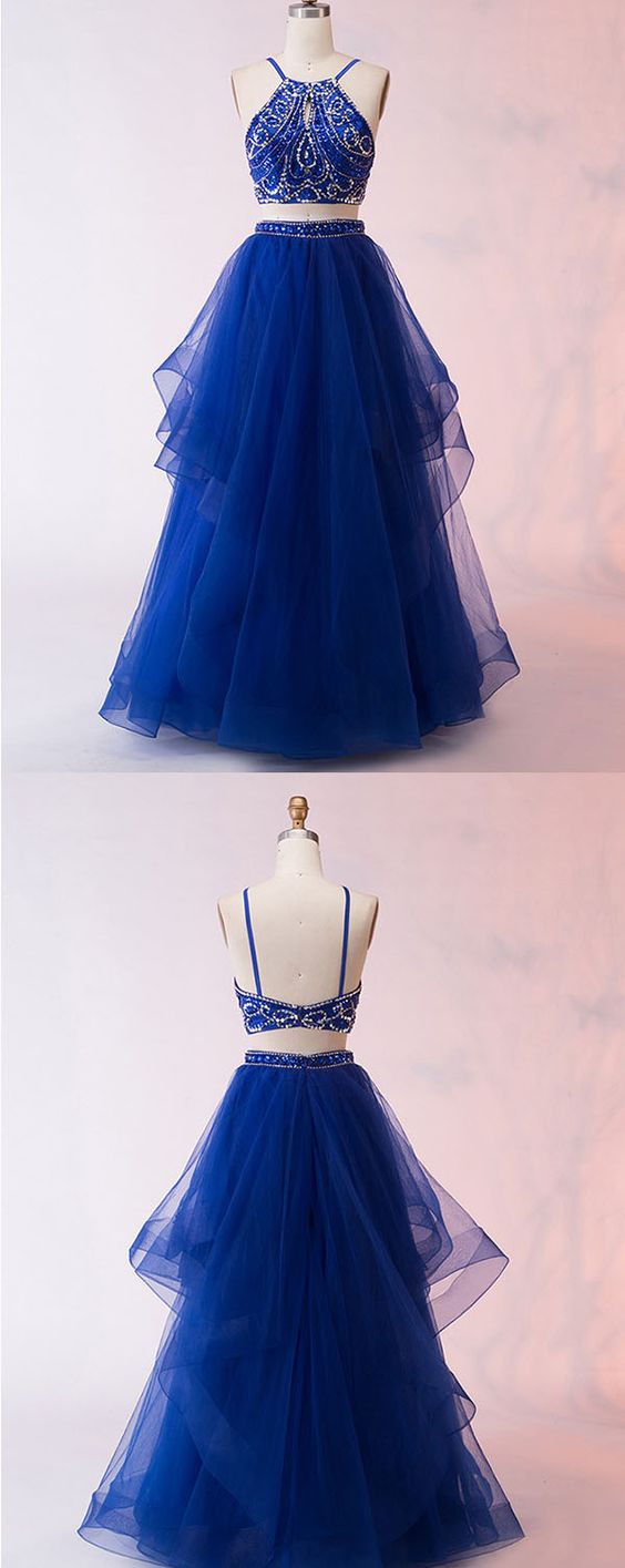 Two Piece, Crew Keyhole ,royal Blue, Tulle,2018 Prom Dress With Beading Ruffles,evening Dress