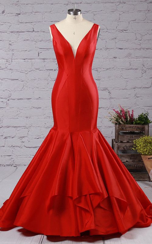 Red Trumpet ,Mermaid V Neck, Sweep Train Ruffles, Long Prom Dress, Charming Prom Dresses,Floor-Length Prom Dresses 