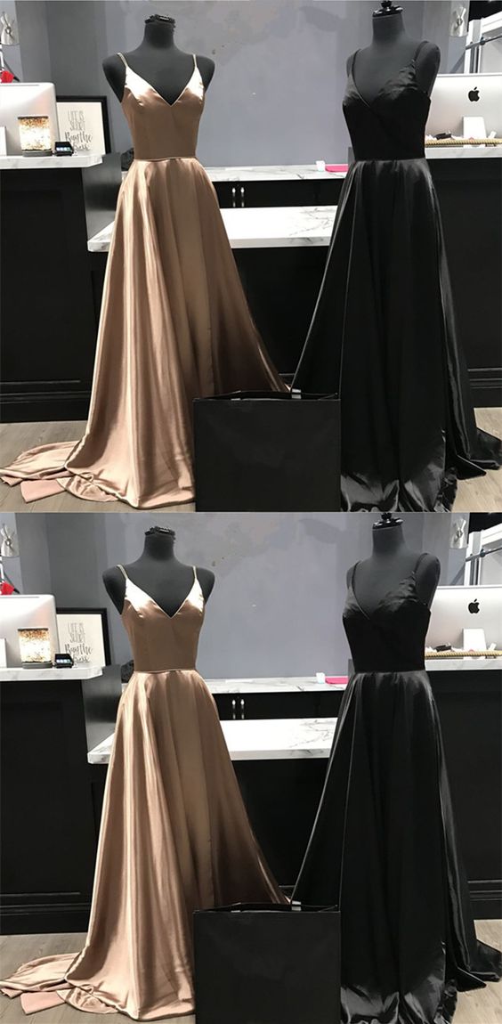Rust Prom Dresses Spaghetti Straps V-Neck Sheath Stretch Satin Prom Dress With Split