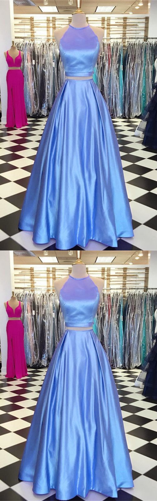 Light Blue Satin Two Piece Prom Dresses With Pocket