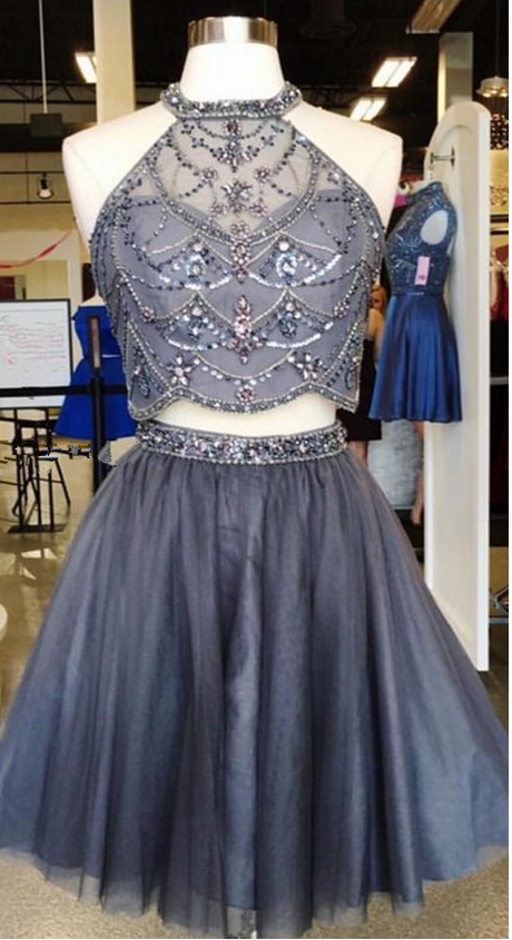 Charming Gray Beaded Two Piece Homecoming Dresses Jewel Neck Crystal Tulle Short Prom Dresses Royal Blue Red Party Dresses Backless