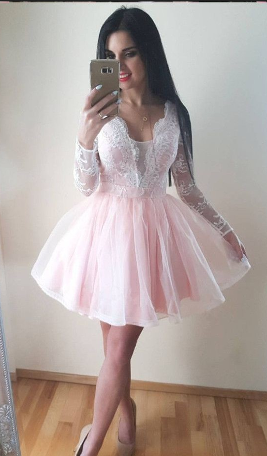 Sleeves Pink Lace Homecoming Gown on Luulla