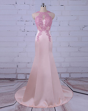 Pink Satin Long Mermaid Evening Dress, Pink Lace Appliqués Customize Prom Dress