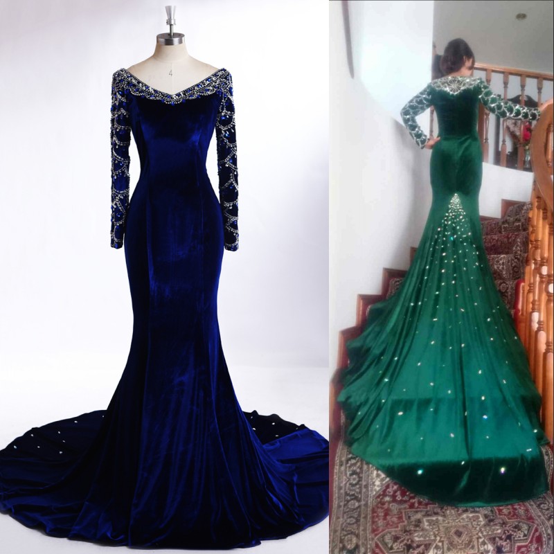 Long Sleeve Prom Dress Mermaid Dresses Purple Velvet Long Sleeve Prom Dress Mermaid Dresses Purple Velvet Evening Gown With Silver Beadings