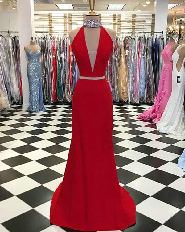Sexy Red Mermaid Prom Dresses With Halter Beaded Two Piece Prom Party Gowns Fashion