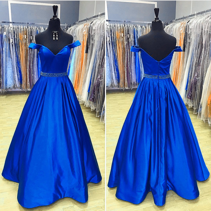 blue off shoulder prom dress