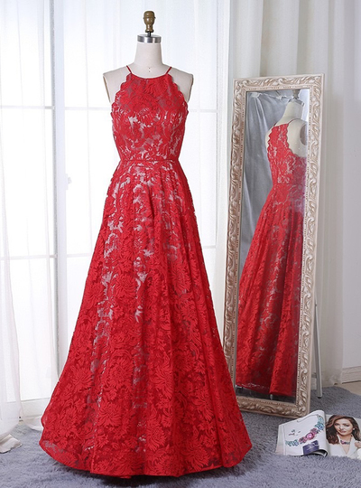 Red Lace ,strapless ,long A-line Evening Dress, Red A-line Prom Dress Formal Prom Dresses,sexy Custom Made , Fashion