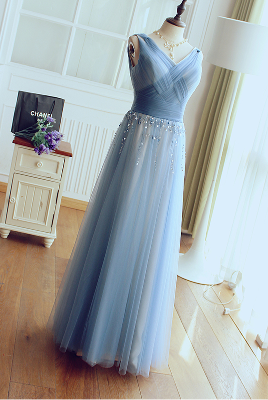 A-line Tulle Satin Sequin V-neck Prom Dress,floor Length Prom Dress, Prom Dress,elegant Party Dress