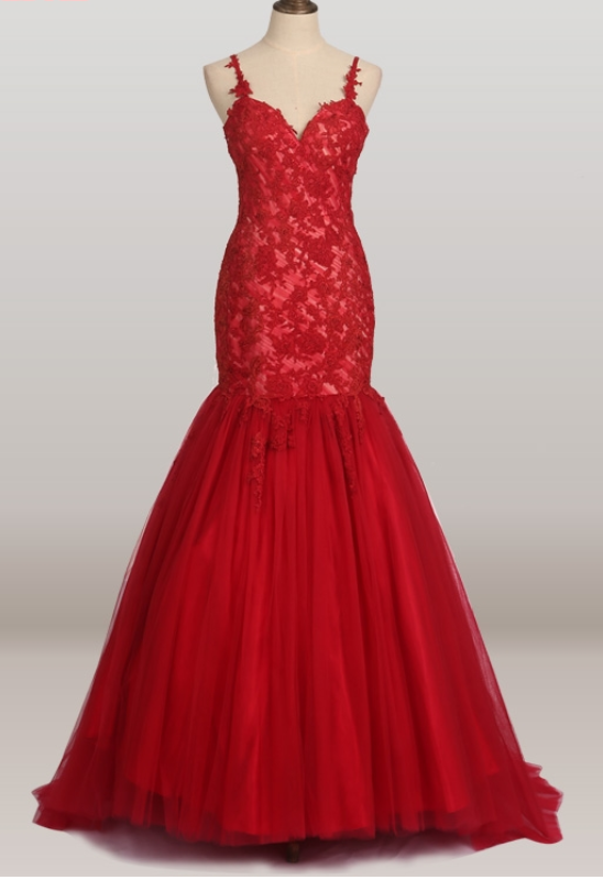 Red Gauze Mermaid Lace Wedding Gown Evening Party Dress For The Graduation Party Dress