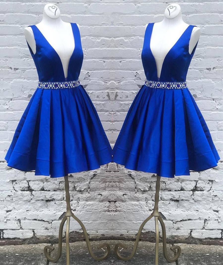 Blue Satin Plunge V Sleeveless Short Ruffled Homecoming Dress Featuring Beaded Embellished Belt