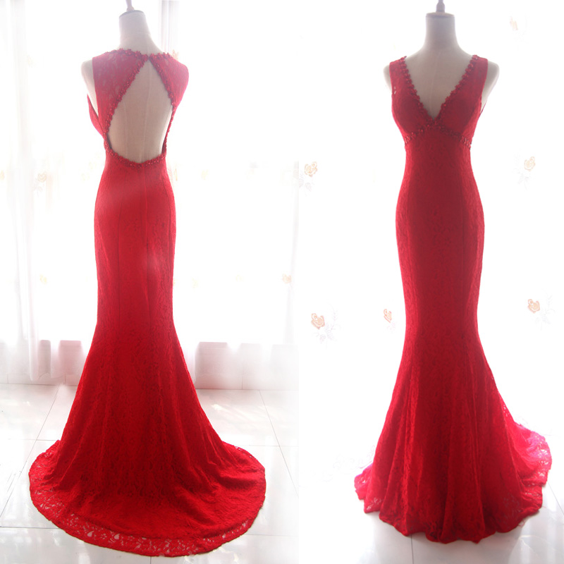 Beautiful Red Lace Sexy Prom Party Dress, Red Party Gowns, Red Formal Dress