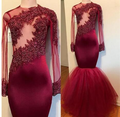 Gorgeous Beaded Burgundy Long Sleeve Prom Dresses Illusion Elastic Satin Mermaid Evening Dress
