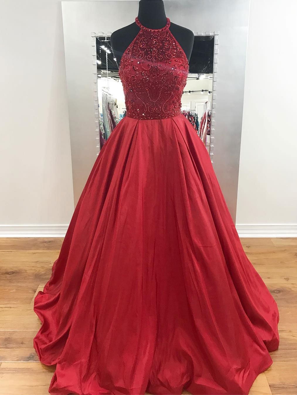 Red Satin Beaded Halter Prom Dresses Long A-line Evening Dresses Sexy Formal Gowns Party Graduation Dress For Women