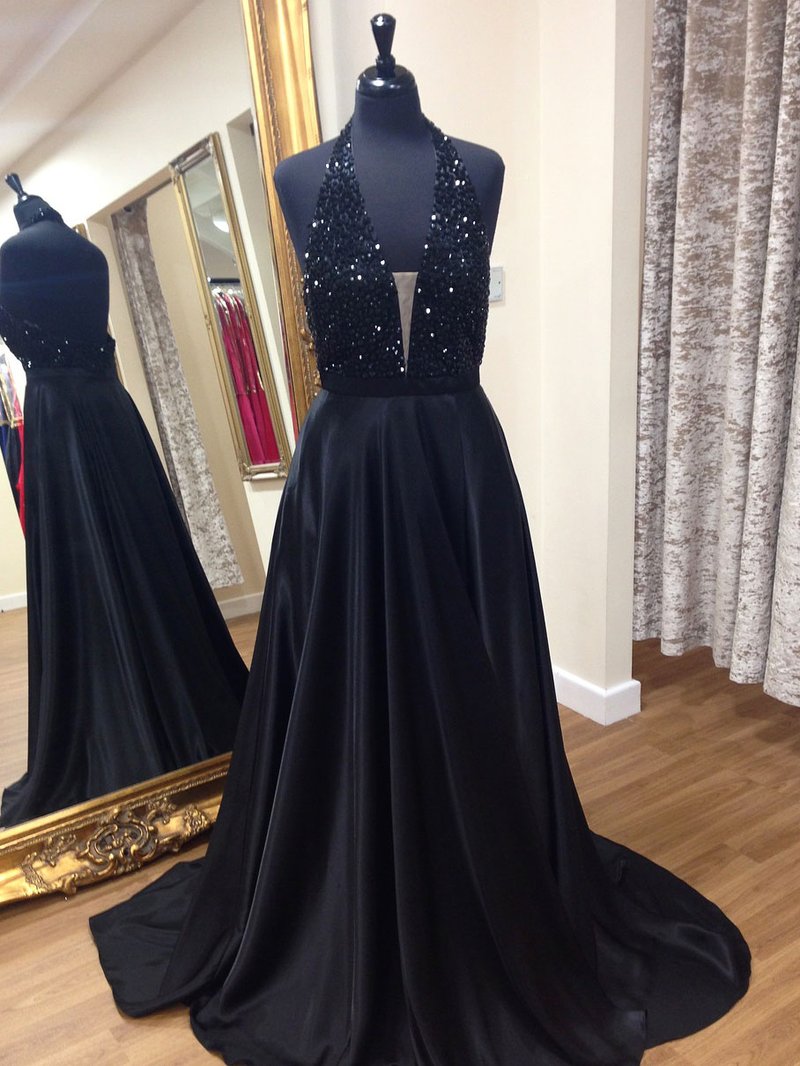 Black v neck satin long prom dress black evening dress S26309 main image 1